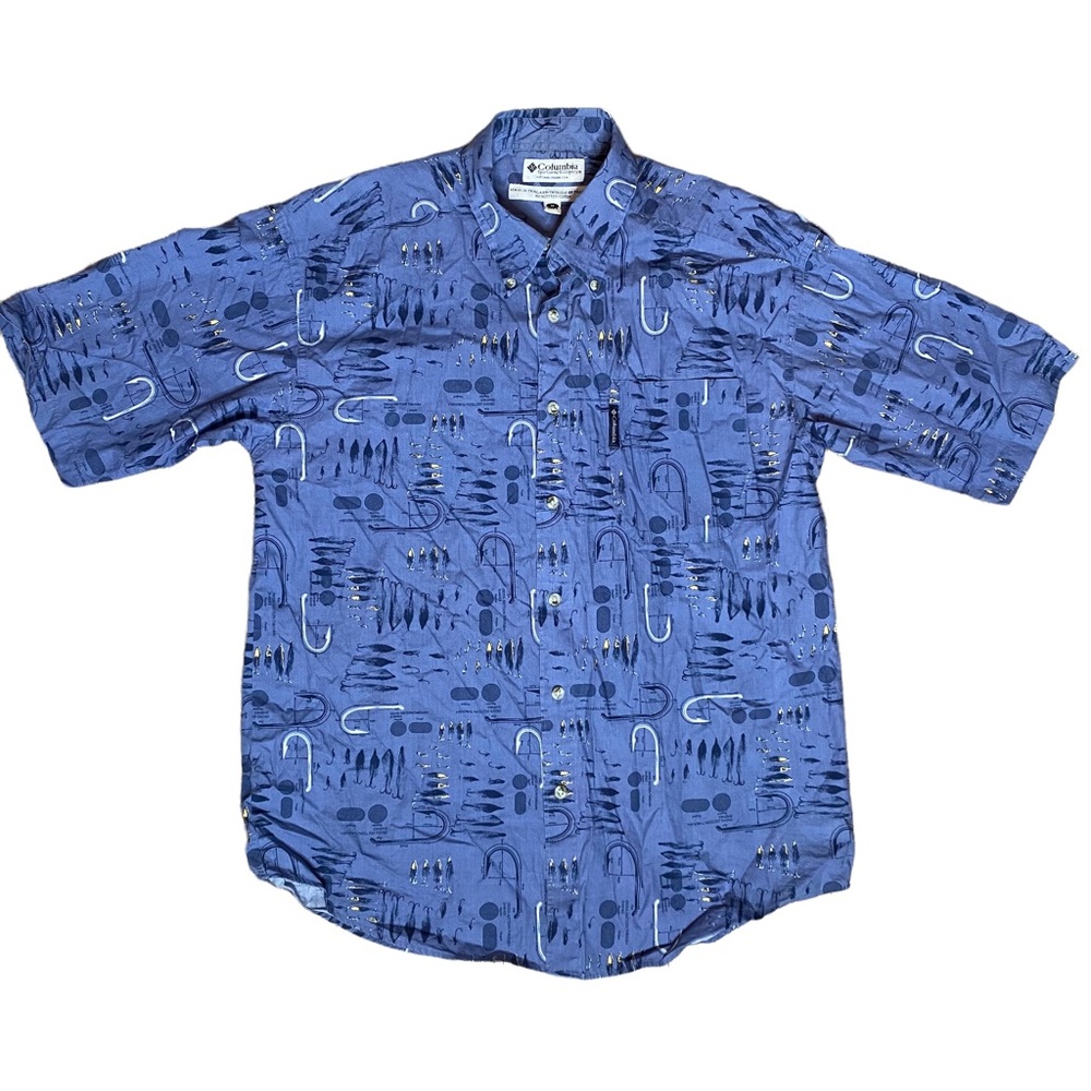 Columbia Short Sleeve Button Up All Over Fishing Tackle Print Medium 100% Cotton